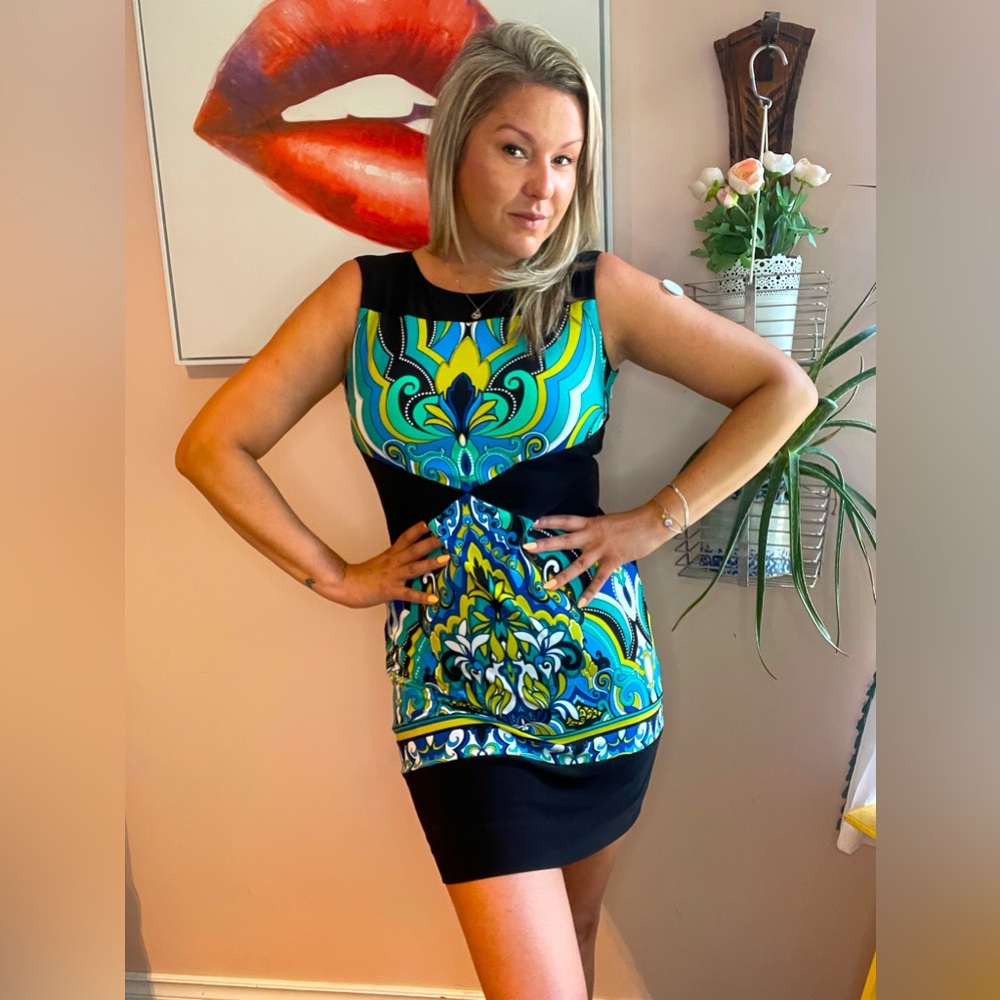 Vibrant Vintage 90s Multicolor Sleeveless Joseph Ribkoff Mini Dress, Size Medium - Picture 5 of 10